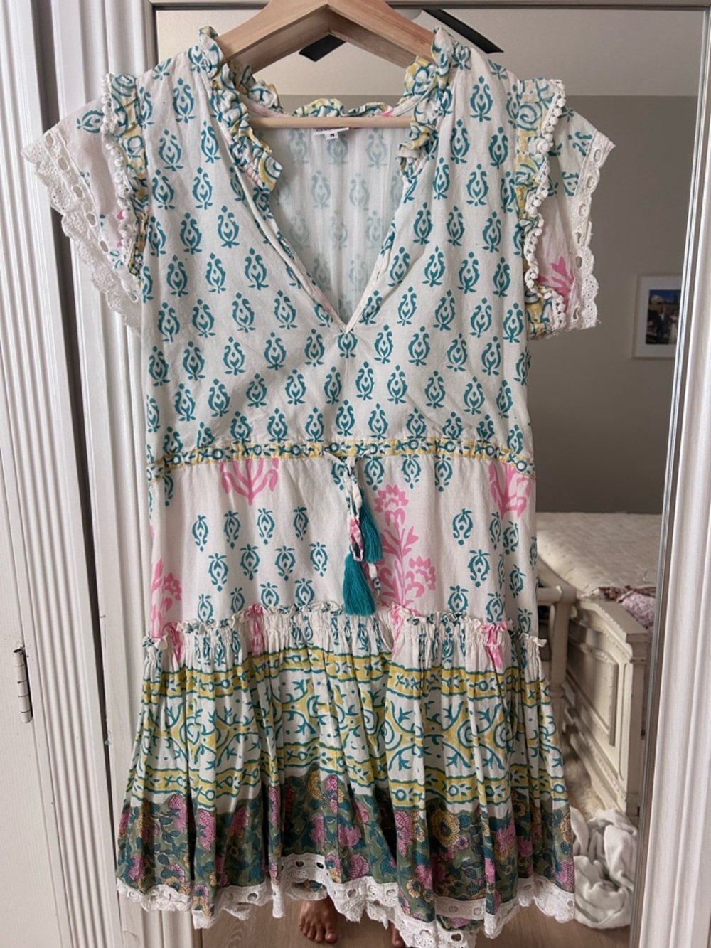 CHARLESTON SHOE CO. Cream Mini Dress with Teal & Pink Accents